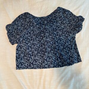 LOFT Navy Blue Floral Puff Sleeve Blouse